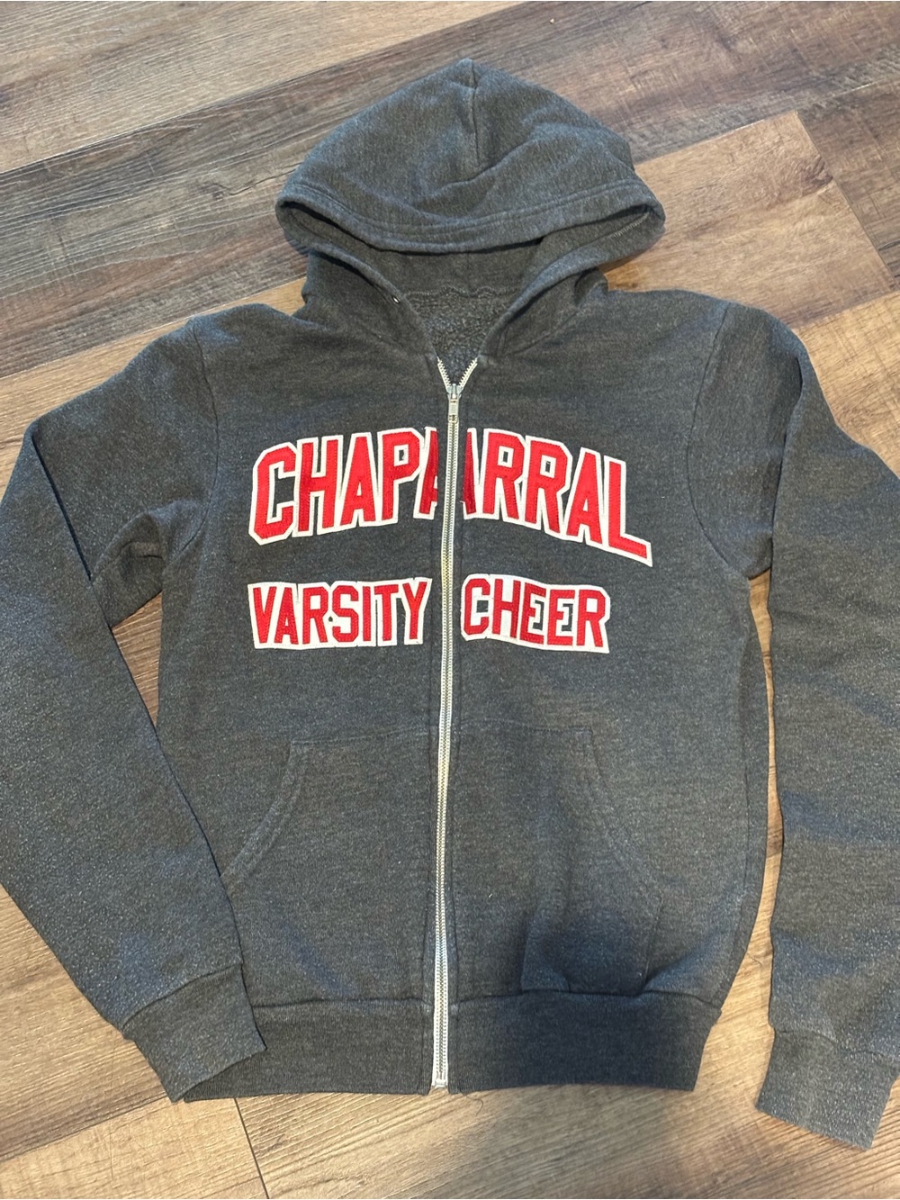 American Apparel Gray Zip-Up Hoodie with Red 'Chaparral Varsity Cheer' Lettering